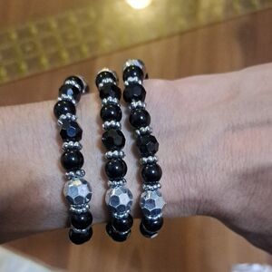 Chic Black and Silver Beaded Bracelet Trio